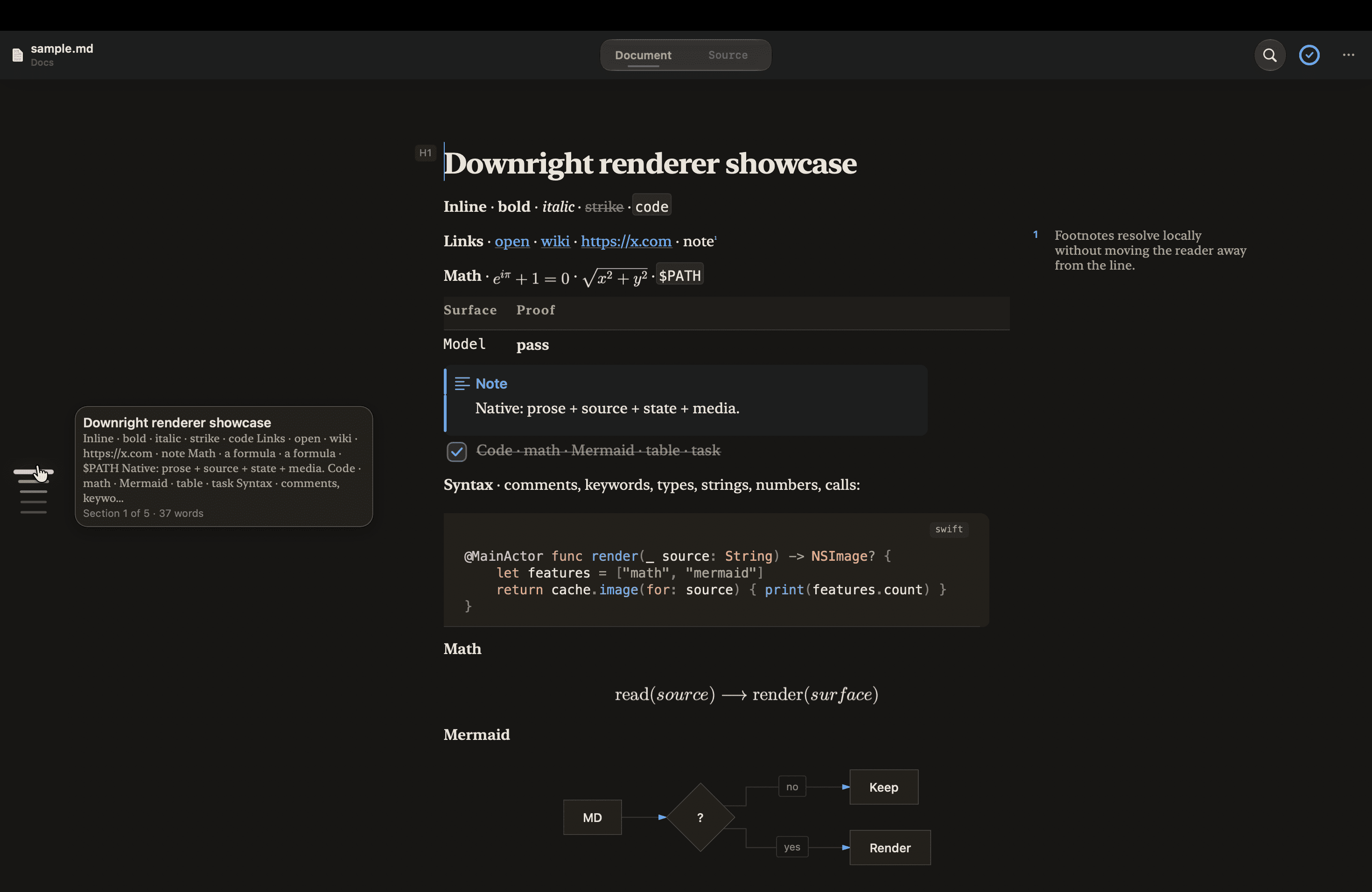 Downright's actual native document view