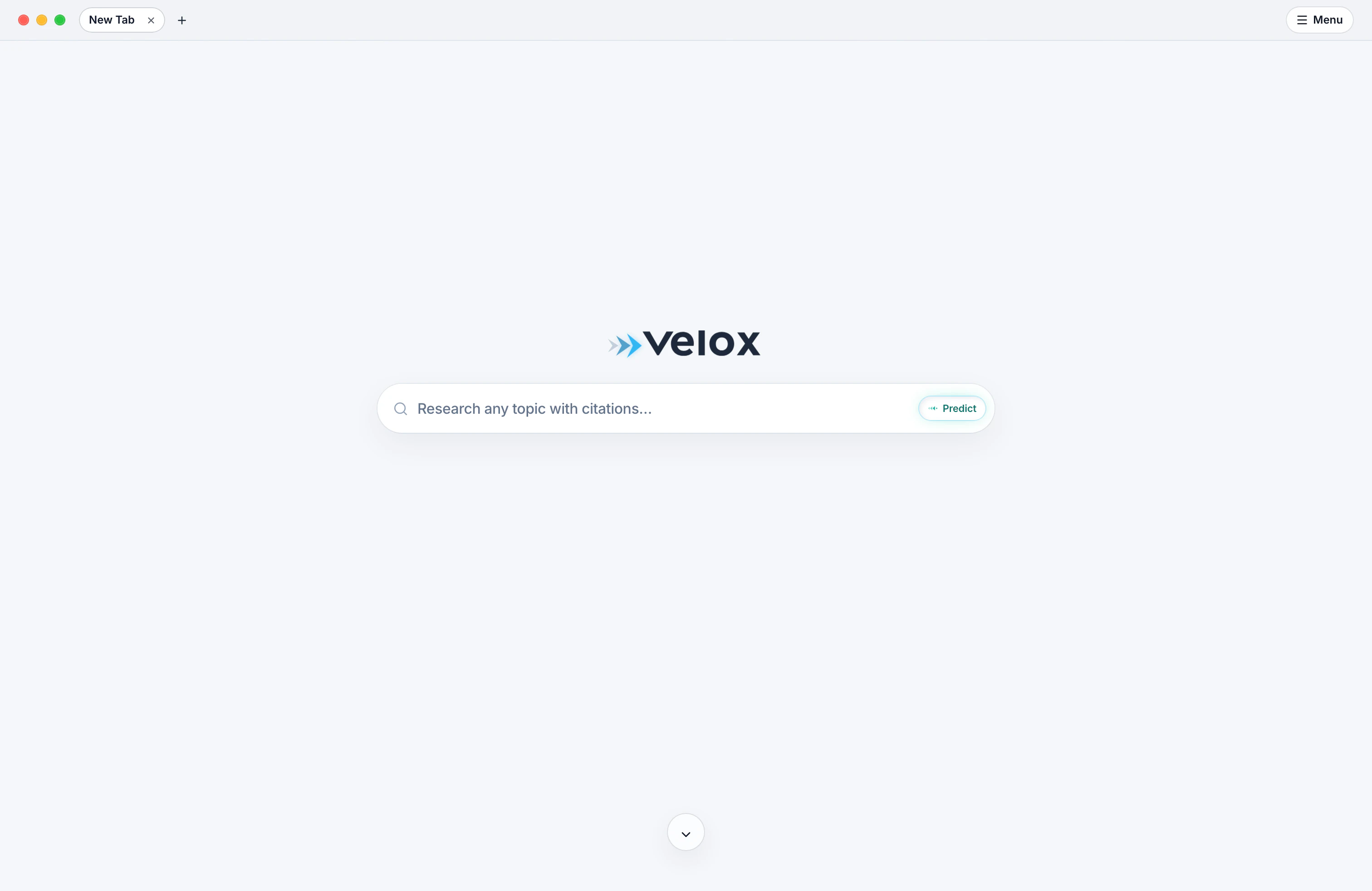 Velox browser new-tab page with its predictive research field